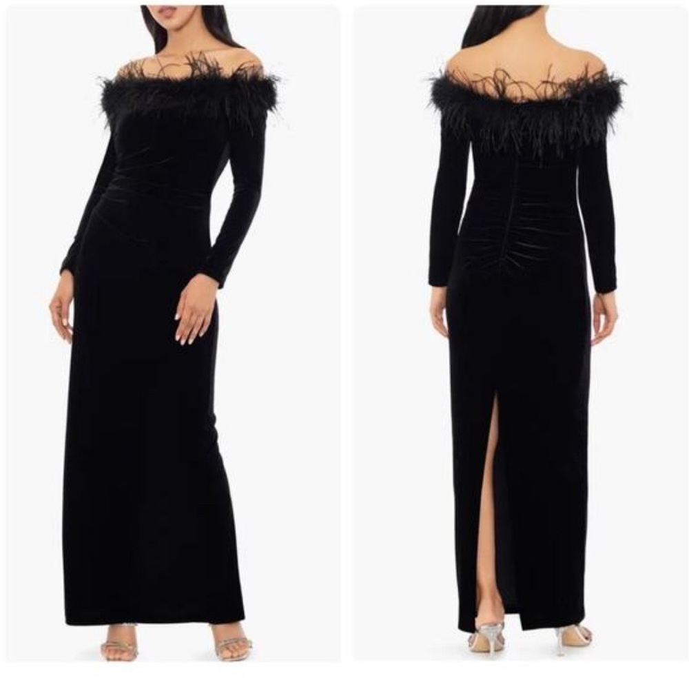 Xscape Black Long Sleeve Feather and Velvet Dress